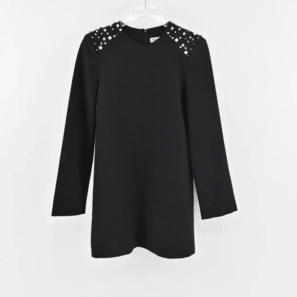 ZARA Studded Dress Size M Black Long Sleeve Shoulder Detail Mini Elevated Chic - Picture 2 of 12